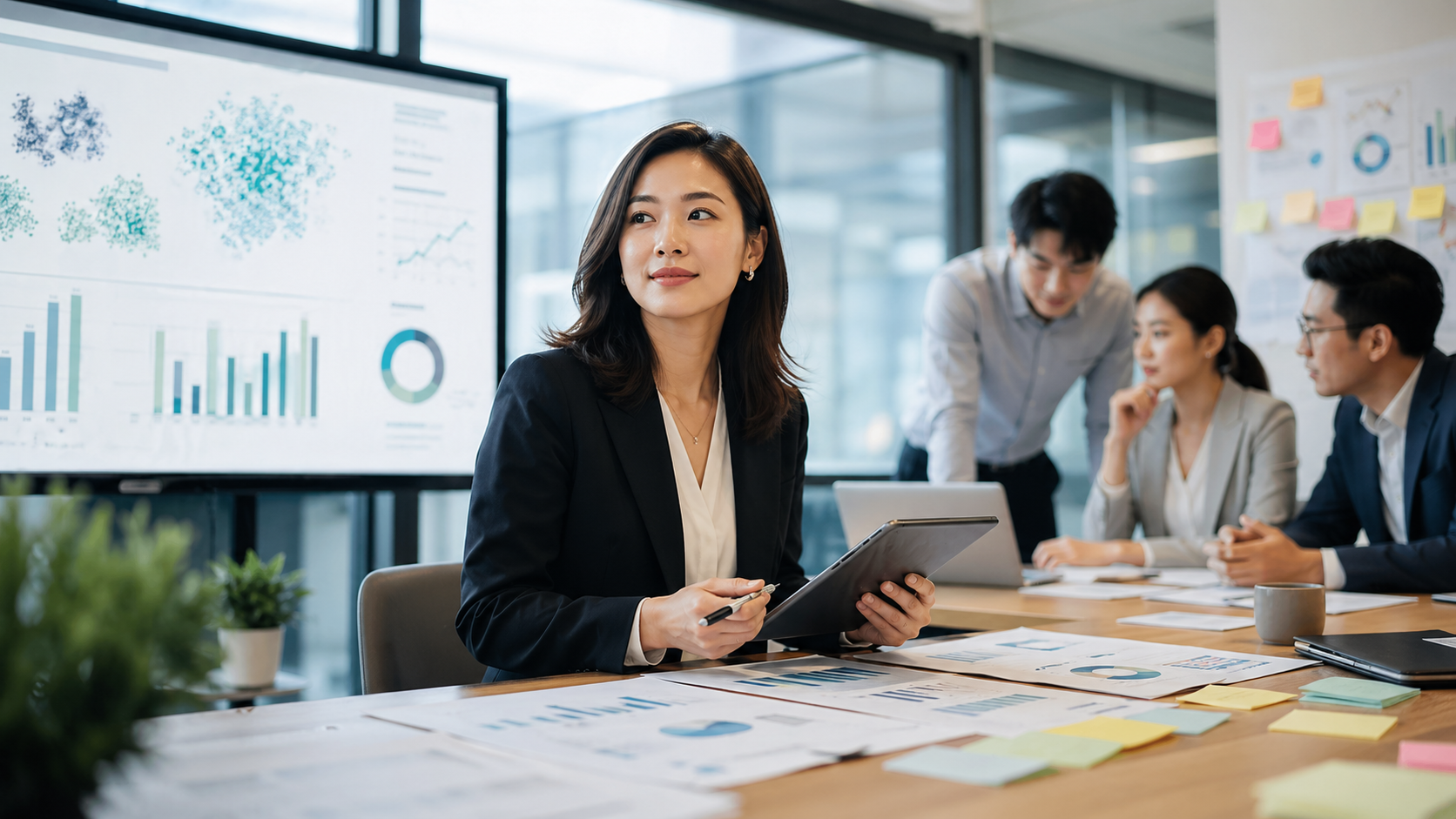 Consultant leading a market intelligence review with consumer analytics dashboards