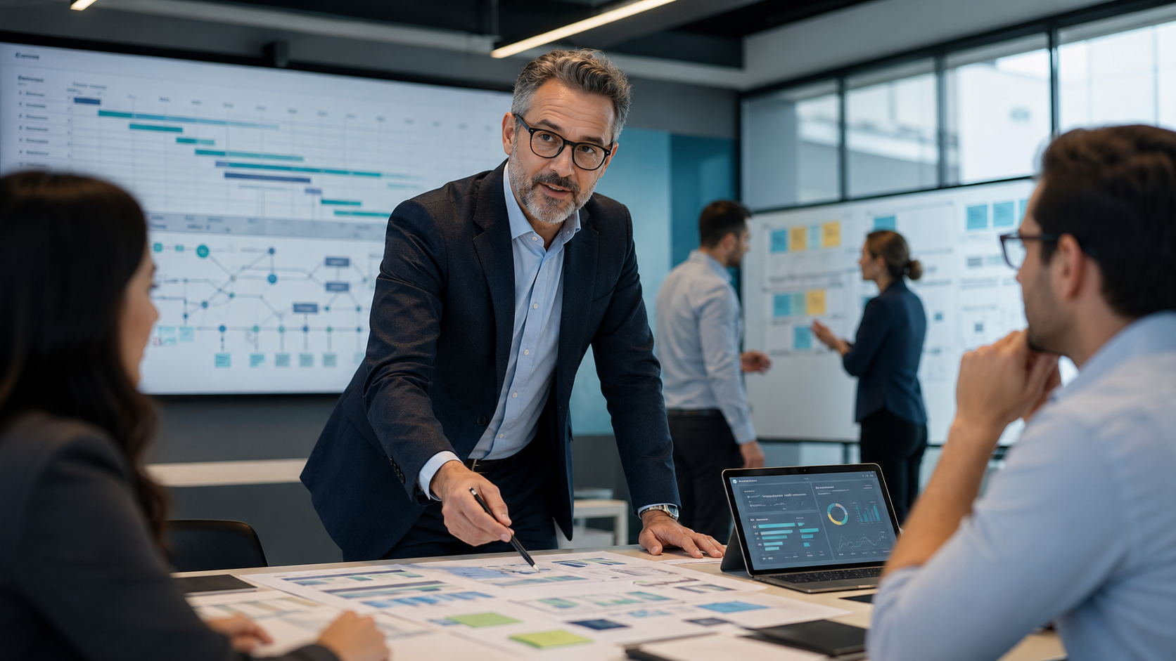 Operations consultant leading a process optimization review with workflow and scheduling boards